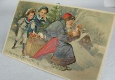 BLUE ROBED SANTA CLAUS POST CARD MERRY CHRISTMAS SMOKING PIPE KIDS GERMANY 1910 picture