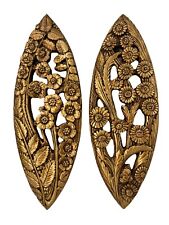 Vintage Pair Hollywood Regency Gold Teardrop Floral Wall Plaques Flower picture