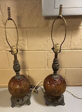 Vtg MCM CARL FALKENSTEIN Hollywood Regency Amber Glass 3-way Globe Table Lamps picture