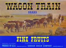 Original WAGON TRAIN pear crate label Gordon Green Company Medford Oregon blue picture