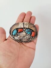 Navajo Sterling Silver Turquoise & Coral  & Faux Bear Claw Signed Belt Buckle  picture