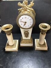 Antique c1920s White Marble & Brass One Day Manual Mantle Clock Set 3pcs Used picture