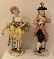 VINTAGE DRESDEN SAXONY FIGURINE PAIR MAN & WOMAN COUPLE WITH FLOWERS & FLUTE 6” picture