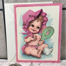 Vintage 50’s Jumbo 9.5” Greeting Card Get Well Soon Baby Girl In Bonnet W/Mirror picture