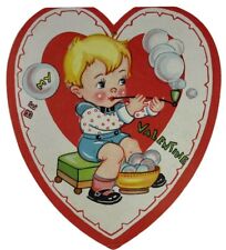 Vintage Valentine Card Heart Shape Little Boy Blowing Bubbles Bi-Fold pipe love picture