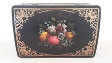 Vintage? Rectangular Metal Tin Box Floral Print Gold Ornament Hinged Lid Pre-own picture