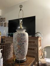 Vintage Large Chinoiserie Ceramic Lamp Floral Design Wooden Base No Shade picture