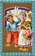 VTG Embossed Gold Postcard Dutch Children Ethnic dress Jefferson, Wisconsin 1912 picture