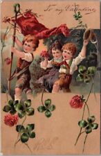 1910s VALENTINE'S DAY Postcard Children / Red Flag / 4-Leaf Clover - Curteich picture