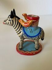 Vintage Folk Art Zebra with  Birds Mexico Candle Holder Pottery Tree of Life 4” picture