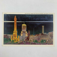 Postcard Illinois Chicago IL Old Water Tower Palmolive Building Night 1930s  picture