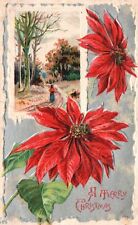 Vintage Postcard 1910's Merry Christmas Poinsetteas Landscape Greetings Wishes picture