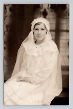 RPPC Girl Catholic Confirmation White Dress Antique Real Photograph Postcard A6 picture