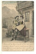 1902 UDB Swiss Hunter Drinking with Woman Outside Pub – w/Stamps Nice Postmarks picture