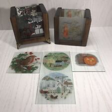 vtg wooden christmas/halloween candle holder with 6 glass pic inserts (Bin-J) picture