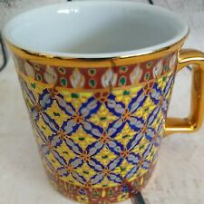 Vintage Thailand Cloisonne Floral Mug Gold Blue Yellow Handpainted Tea Coffee picture