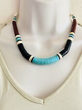 Vtg NAVAJO Heishi Bead Turquoise Onyx Shell Sterling Necklace Native American picture