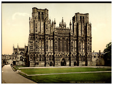 England. Wells. Cathedral. West front. Vintage Photochrome by P.Z, Photochrome  picture