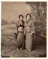 Japan, two young sisters vintage print, albumin print watercolor print 25.5x20, picture
