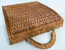 Wicker Wood Basket Tote VTG Spain Hinge Storage Box Purse Case Boho Cottagecore picture
