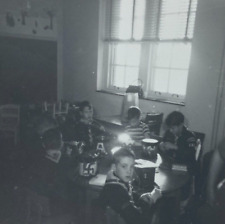 Group Of Cub Scouts Around Table Making Indian Drums B&W Photograph 3.5 x 3.5 picture