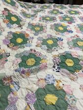Vintage Feed Sack Quilt Hand Stitched Sewn Grandmothers Flower Garden 92 X 72 picture
