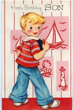 Vintage Happy Birthday 3D Card Son Sailboat Sailor Happy Hours Play Used 1950s picture