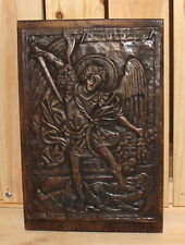 Vintage religious copper wall hanging plaque Archangel Michael killing Satan picture