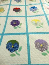Vintage 50's hand Stitched Pansy quilt Flowers Applique Gorgeous Clean 98 x 82