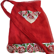 Vintage 60-70's Red Sheer Nylon Kitchen Apron Half Waist Rose Handkerchief Trim picture
