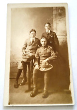 WWI Era Soldier in Uniform & 2 Boys RPPC Studio Military Photo Post Card picture