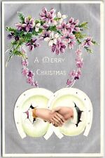 1908 A Merry Christmas Flowers Handshaking Greetings Wishes Posted Postcard picture