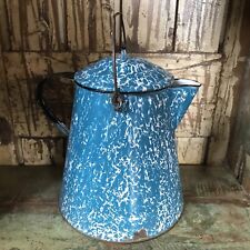 Vintage Enamelware Coffee Pot Blue Speckled Metal Cowboy Graniteware Robins Egg picture
