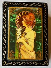 Vintage Fedoskino Russian Lacquer Box Alphonse Mucha Style 'Feather' Art Noveau picture