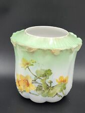 Antique Porcelain Biscuit, Cracker Jar or Cache Pot Green w/Gold Yellow Flowers picture