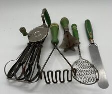 Antique Lot of 5 Wood Green Handle Pieces of Kitchenware Utensils picture