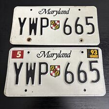 Pair of VTG 1993 Maryland Auto License Plate YWP 665 Black on White Flag Shield picture