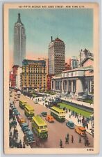 Postcard 5th Avenue 42 Street Old Buses Cars New York City c1940s picture