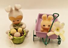 Vtg '83 Enesco Country Cousins Baby Bunny Rabbit Suit Easter Basket w/Wagon picture