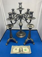 3 Antique German Solid  Pewter Engraved Candle Holders in Good condition picture