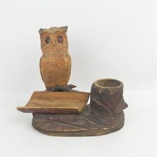 Vintage Hand Carved Wooden Owl Pipe Holder Souvenir Winterberg Czechoslovakia picture