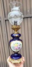 Vintage Sevres style Cobalt porcelain table lamp floral decor picture