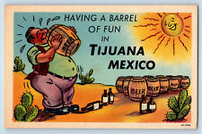 Tijuana Baja California Mexico Postcard Sun Drinking Beer Barrel Cactus c1930's picture