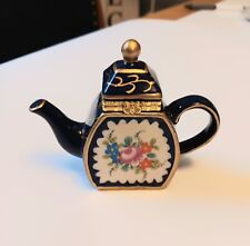 Vintage Teapot Floral Navy Blue & Gold Miniature Porcelain Trinket Box. Rose picture