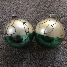 Vintage Pair of Green & White Mica Glitter Design Christmas ~3” Ball Ornaments picture