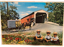 Greetings From The Amish Country, Chrome Postcard, Covered Bridge Carriage 05 picture