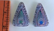 XL 45mm Vintage Czech Glass Egyptian Revival Blue P AB White Triangle Buttons 2p picture