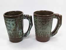 2x Frankoma Mayan-Aztec 7M 12oz Mug Prairie Green Brown Tall Cup MCM picture