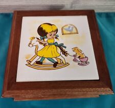 Vintage Wooden Jewelry Box with Tile Top of Girl on Rocking Horse picture