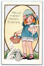 c1920's Easter Cute Little Girl Holding Bunny Rabbit Egg Basket Antique Postcard picture